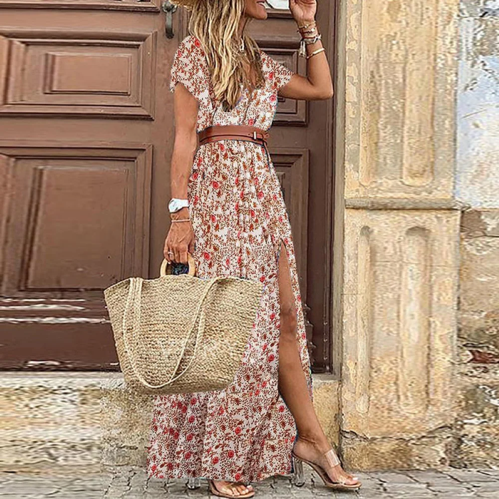 Loose dress Boho Women V Neck Short Sleeve Paisley Print Belt Large Hem Beach Long Dress Belt Large Hem Beach Long Dress