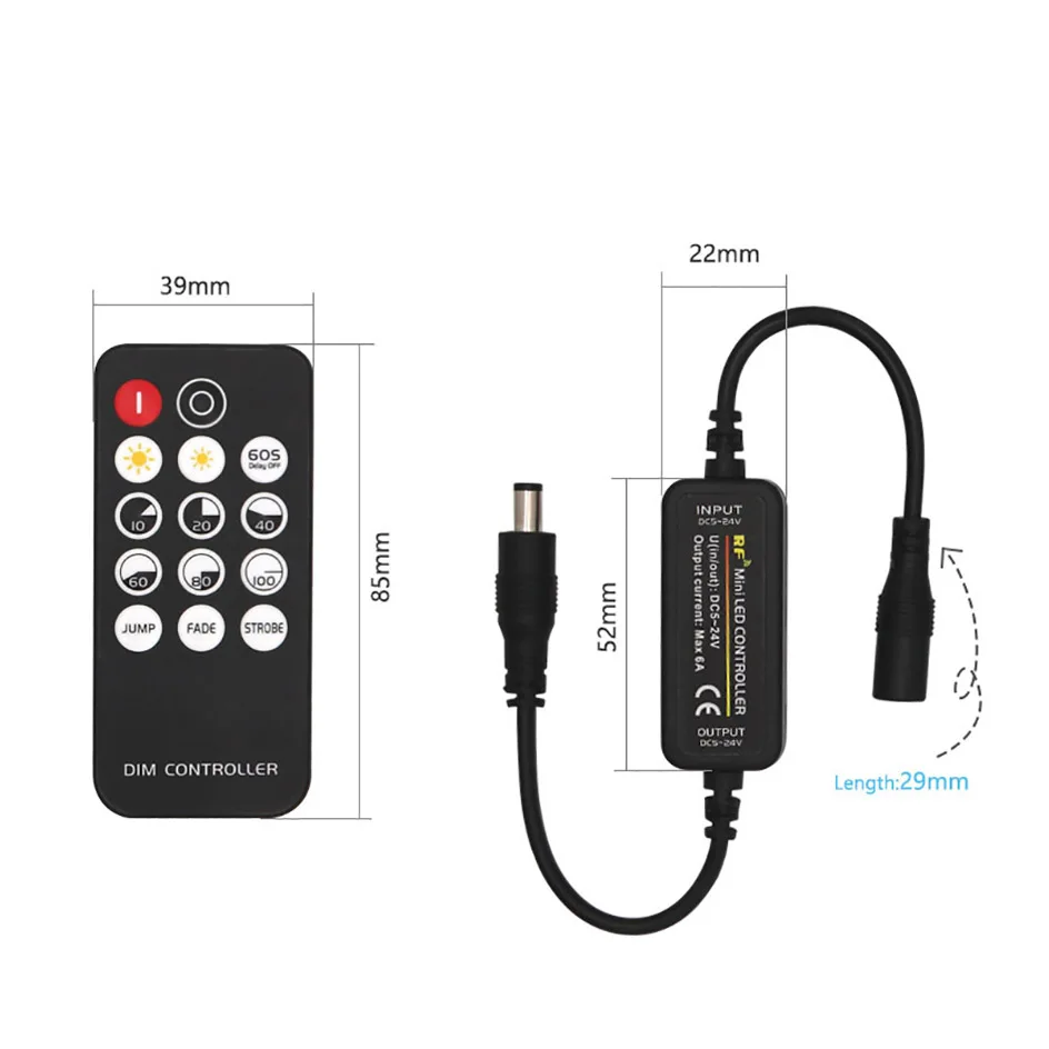 Controlador LED para tira de luces LED, atenuador, 2,4G, Control remoto inalámbrico RF, 5V, 12V, 24V, 6A