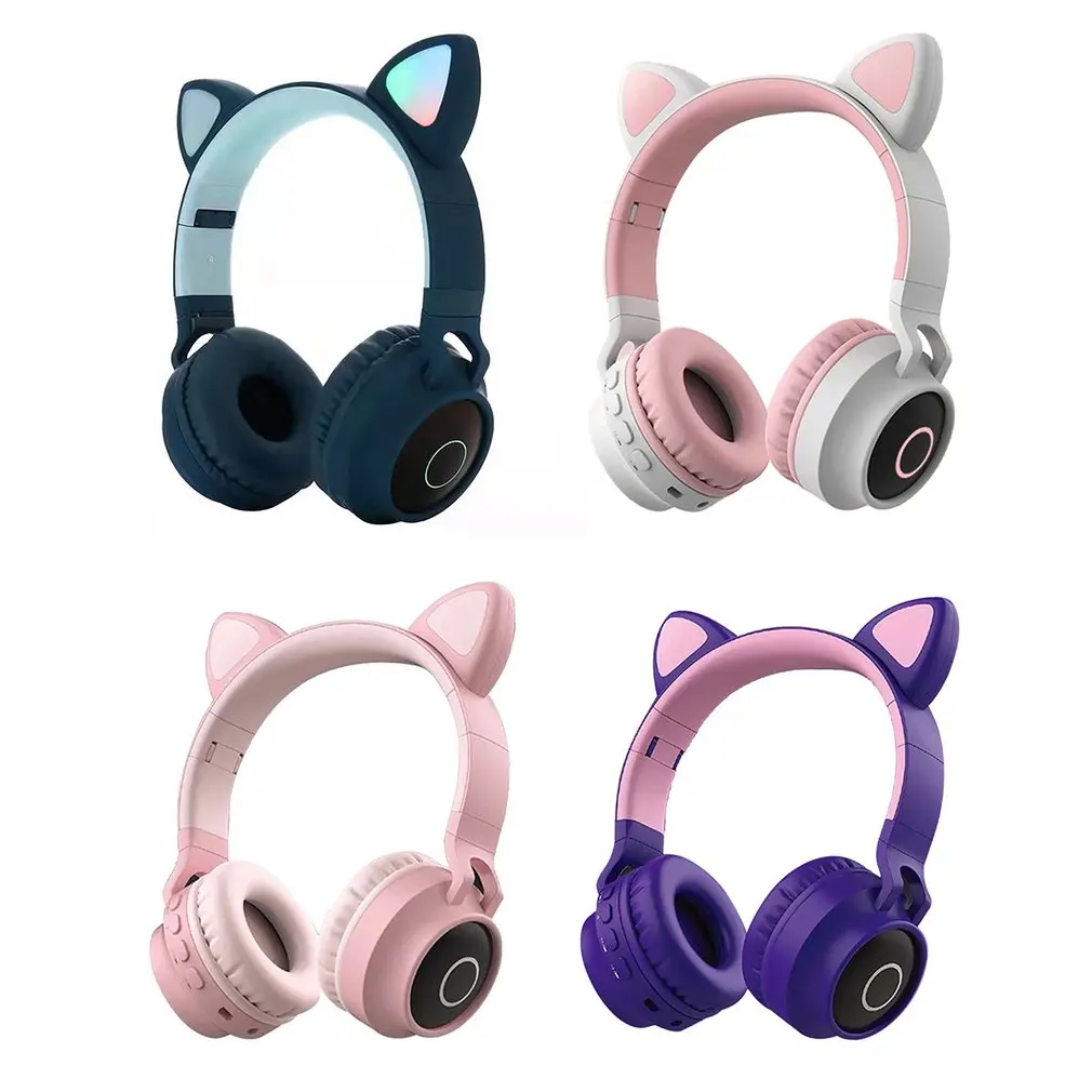 Flash Light Cute Cat Ears Wireless Headphones with Mic Can control LED Kid Girl Stereo Music Helmet Phone Bluetooth Headset Gift