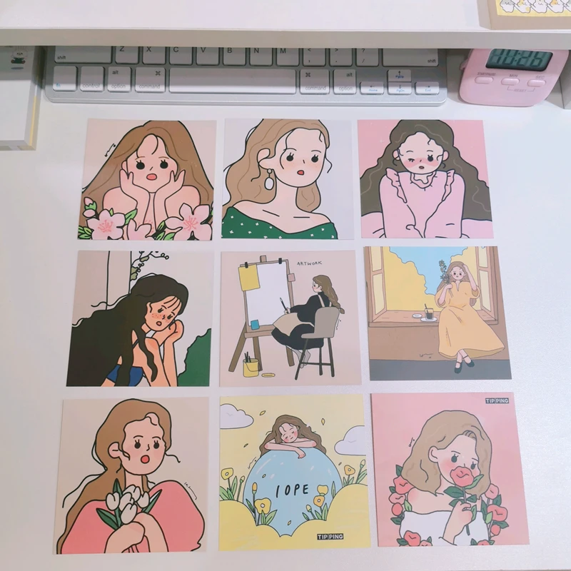 9 Sheets kawaii Girl Illustration Series Card decorative sticker Writable Postcard Metope Decoration Card Diy Photography props