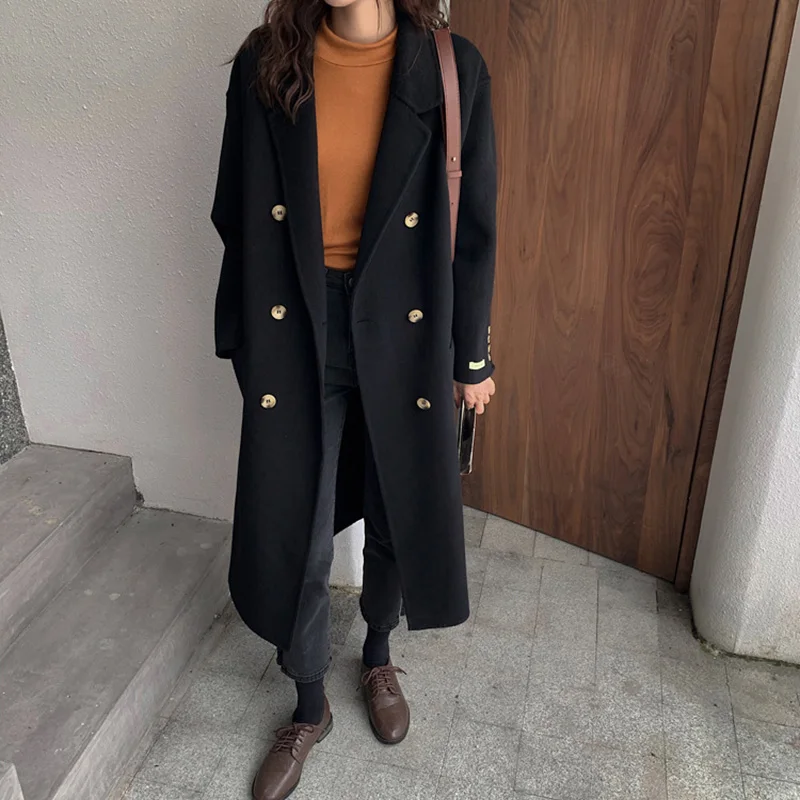 

Double-faced Cashmere Coat Women Double breasted Wool Overcoat Ladies Oversized Long Drop Shoulder Woolen Outerwear Spring 2022