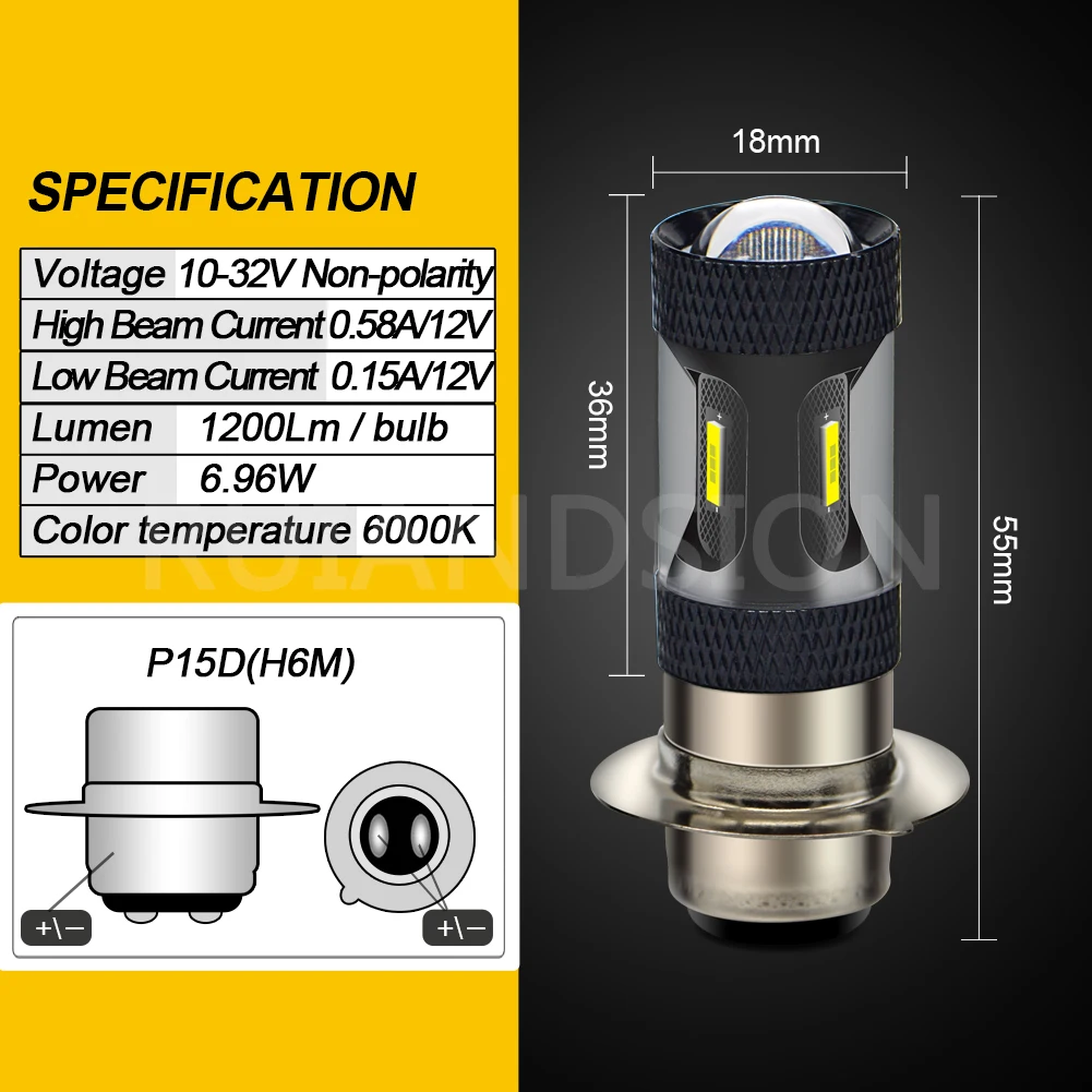 RUIANDSION 1Pcs BA20d Motorcycle Headlight H6 Moped H6M P15D-25-1 Forklift Light LED 1200Lm 10V-32V 12V 24V 6000K 2700K 1860SMD