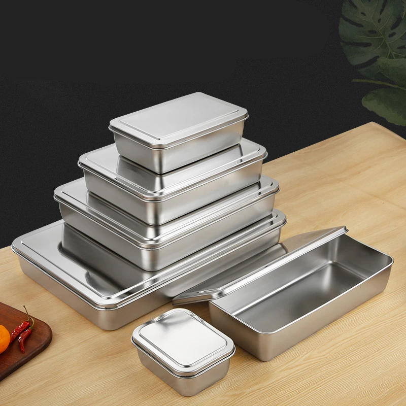 Thick Stainless Steel Food Storage Tray with Lid Rectangular Baking Pan Restaurant Vegetable Fruit Plates Kitchen Organizer