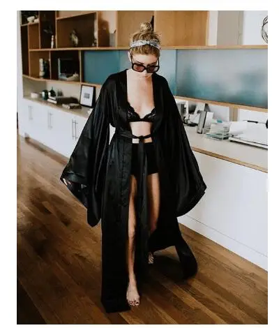 Fashion Sexy Pajama Dress Lingerie with Robe Long Sleeve Lace Nightgown with Belt Sleepwear Satin Women Bridesmaid Bathrobe