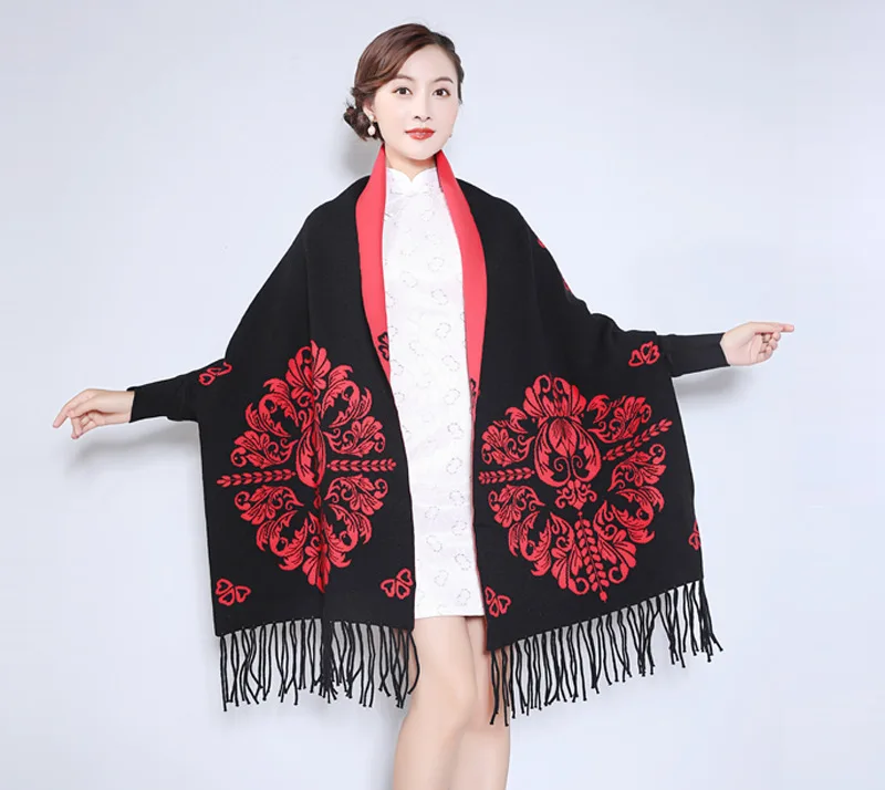 

Ladies Wearable Sleeve Tassel Poncho Winter Warm Scarf Women Cape Shawl Thick Pashmina Shawls Wraps Reversible Poncho Capes