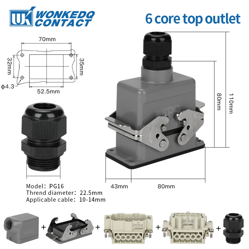 HDC HE 6 Pin Heavy Duty Connector Inserts 500V 16A Contact Industrial Power Screw Plug Socket Side/Top Entry Hood Core HDC-HE-06