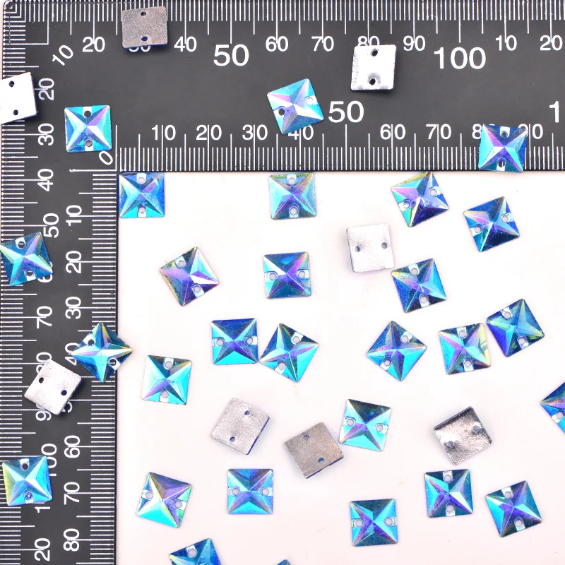 JUNAO 10mm Aquamarine AB Square Crystals Sew On Rhinestone Flatback Resin Gems Sewing Crystal Strass Beads for Clothes Crafts