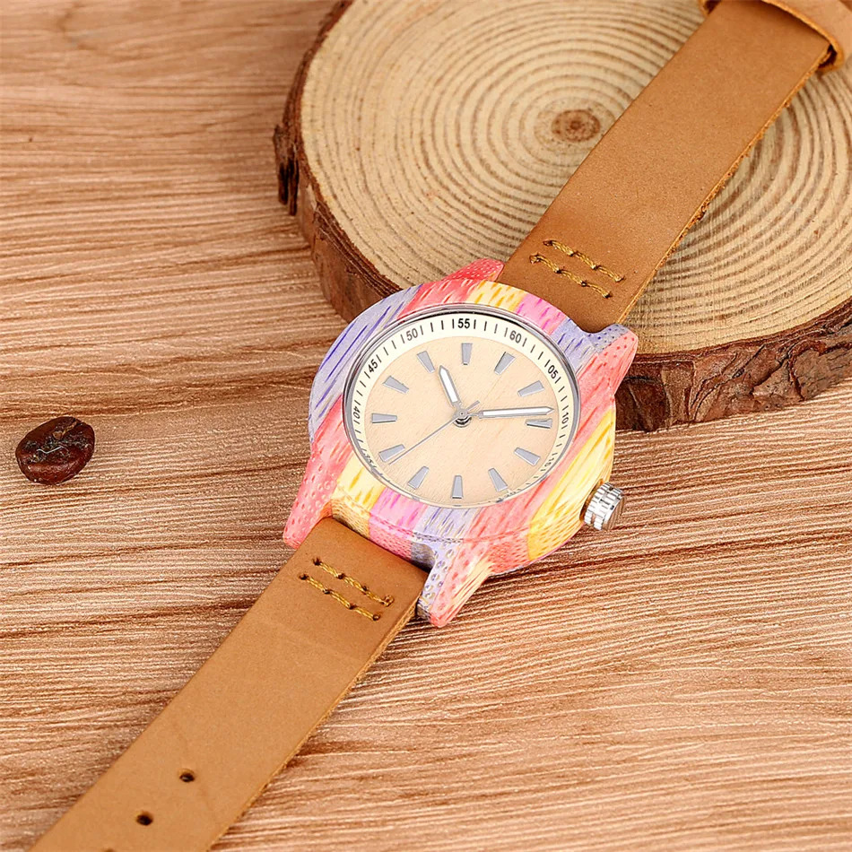 Colorful Bamboo Watch Lady Quartz Black/Brown Genuine Leather Wristwatch Minimalist Small Dial Women\'s Wood Watches reloj mujer