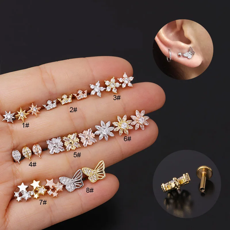 1 pz 16G Cz orecchini Piercing all\'orecchio cartilagine fiore stella farfalla elica conchiglia Rook Tragus Stud piatto Labret indietro Piercing