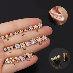 1 pz 16G Cz orecchini Piercing all'orecchio cartilagine fiore stella farfalla elica conchiglia Rook Tragus Stud piatto Labret indietro Piercing gioielli