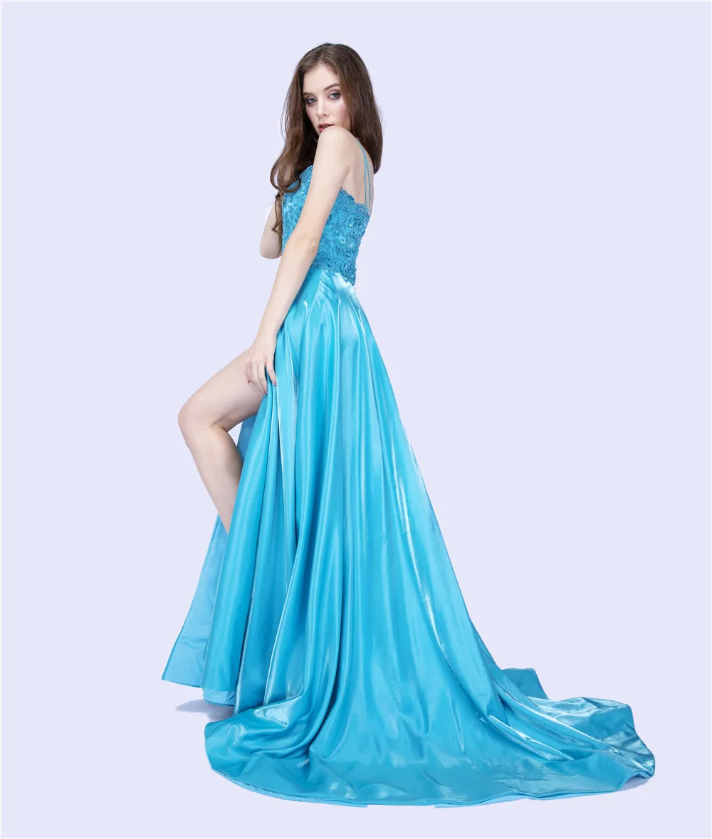 Robe De Soiree Evening Gaun Panjang 2020 Satin Formal Gaun Spaghetti Tali Renda Panjang Gaun Prom dengan Kantong