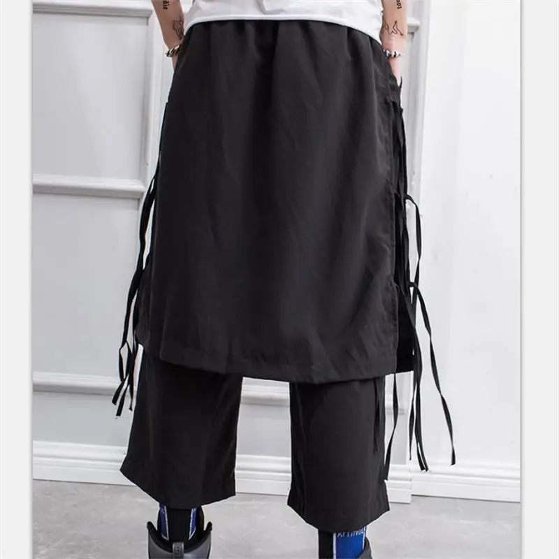 Men's pants spring casual nine - minute pants straight pants man fringe fake two - piece shorts hip hop yamamoto style