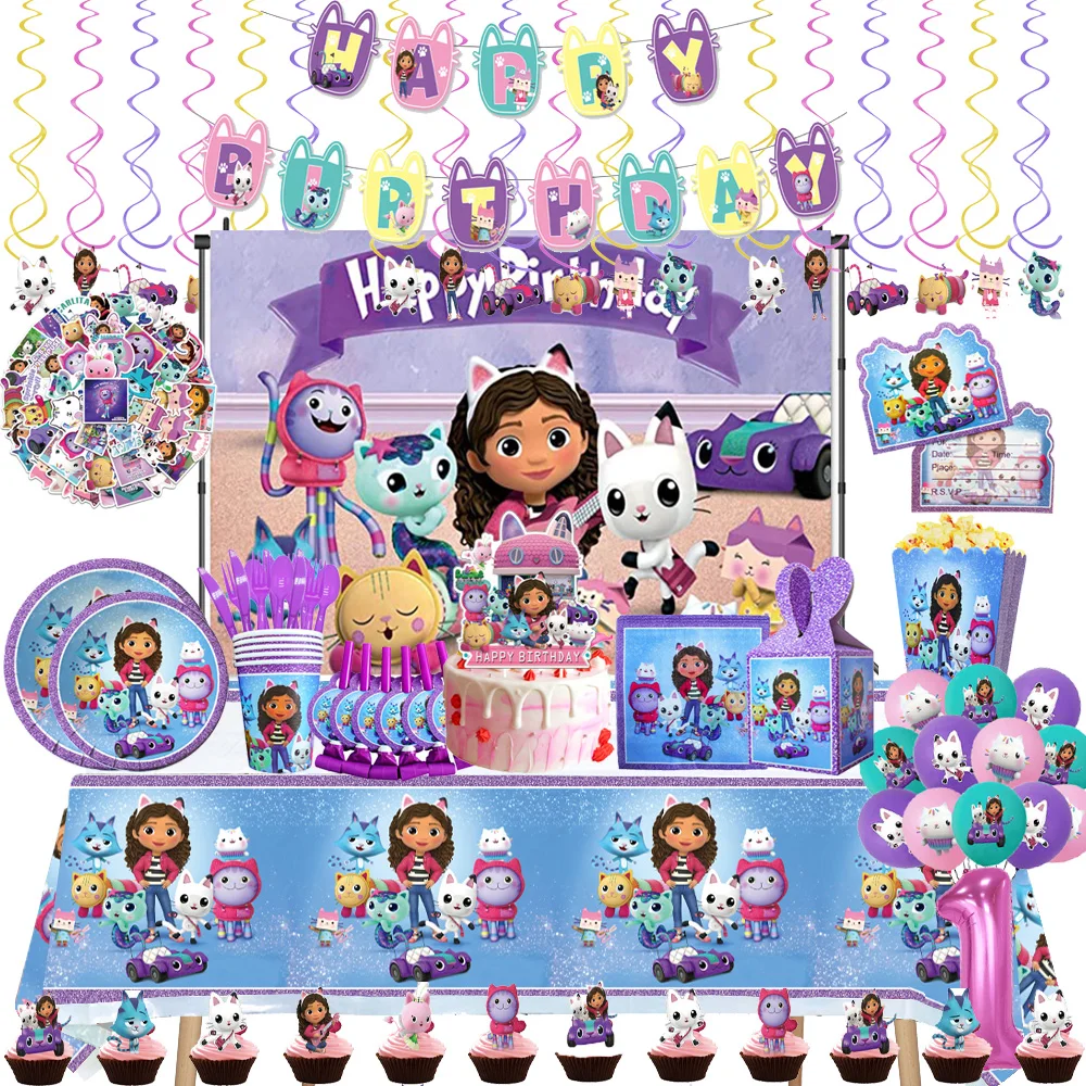 Cartoon Gabby Dollhouse Baby Shower Decoration Girl Birthday Party Supplies Cake Toppers Purple Cups Plates Tablecloth Balloons