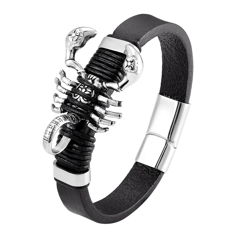 

Handmade Retro Woven Charm Genuine Leather Bracelet Men Vintage Stainless Steel Bangles Scorpion Men Jewelry Pulseira Feminina
