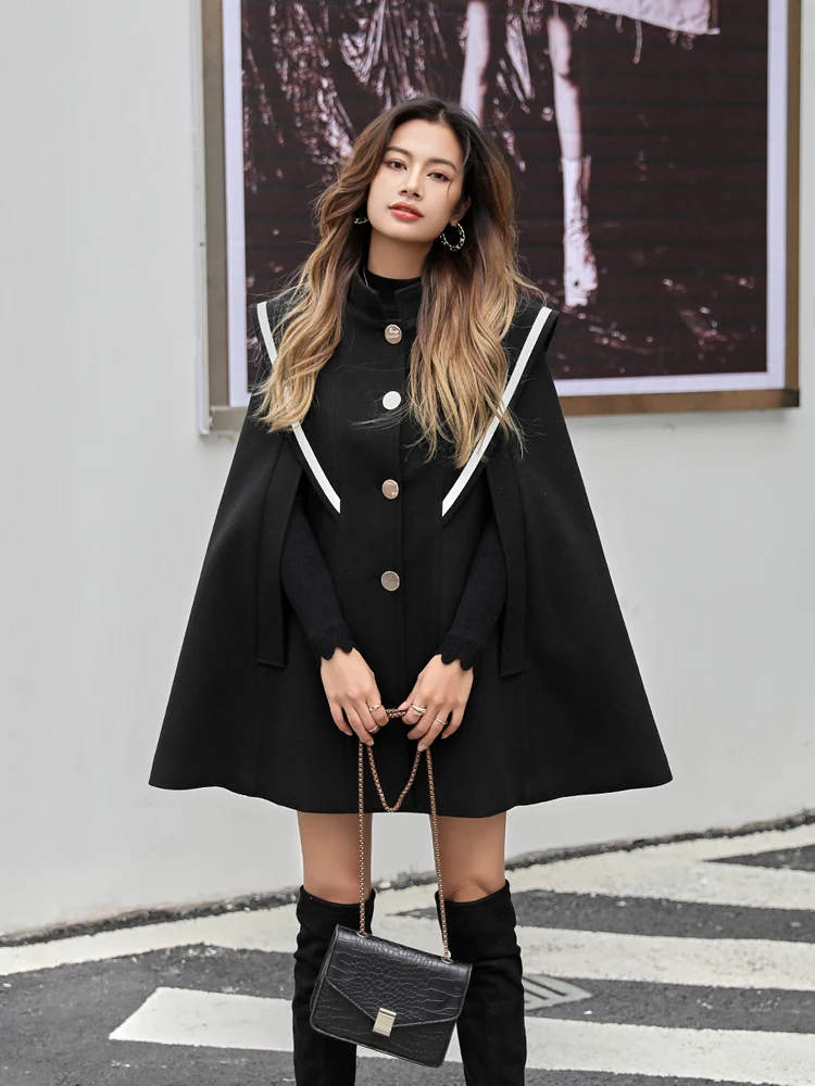 

Women's Black Wool Cape Shawl Single-Breasted Coat Long Woolen Skirt Poncho Cape Coat British Style Stand Collar Winter