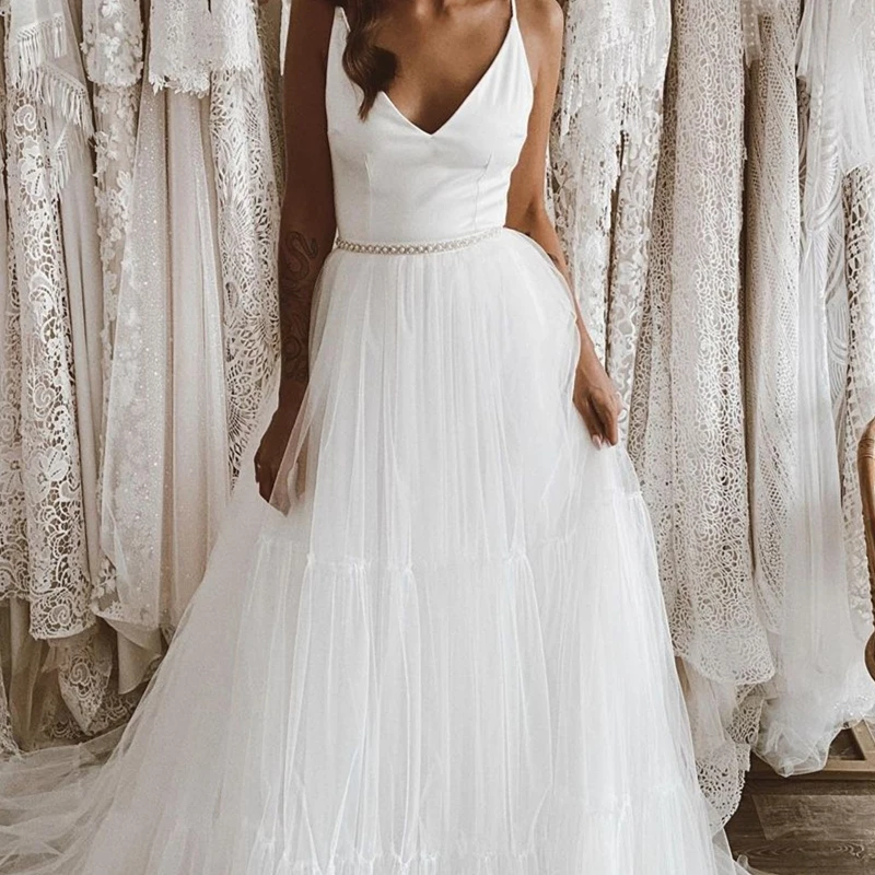 Vestido de casamento com decote em v cinta de espaguete até o chão sem mangas vestidos de noiva cinto de tule para mulher vestido de noiva robe de mariee