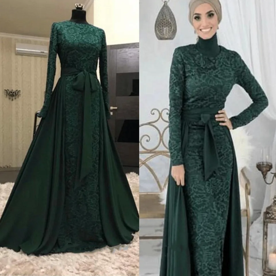 Green Muslim Elegant Formal Party Night Evening Dresses 2020 Long Sleeves Robe De Soiree Prom Gowns Women Gowns Saudi Arabia