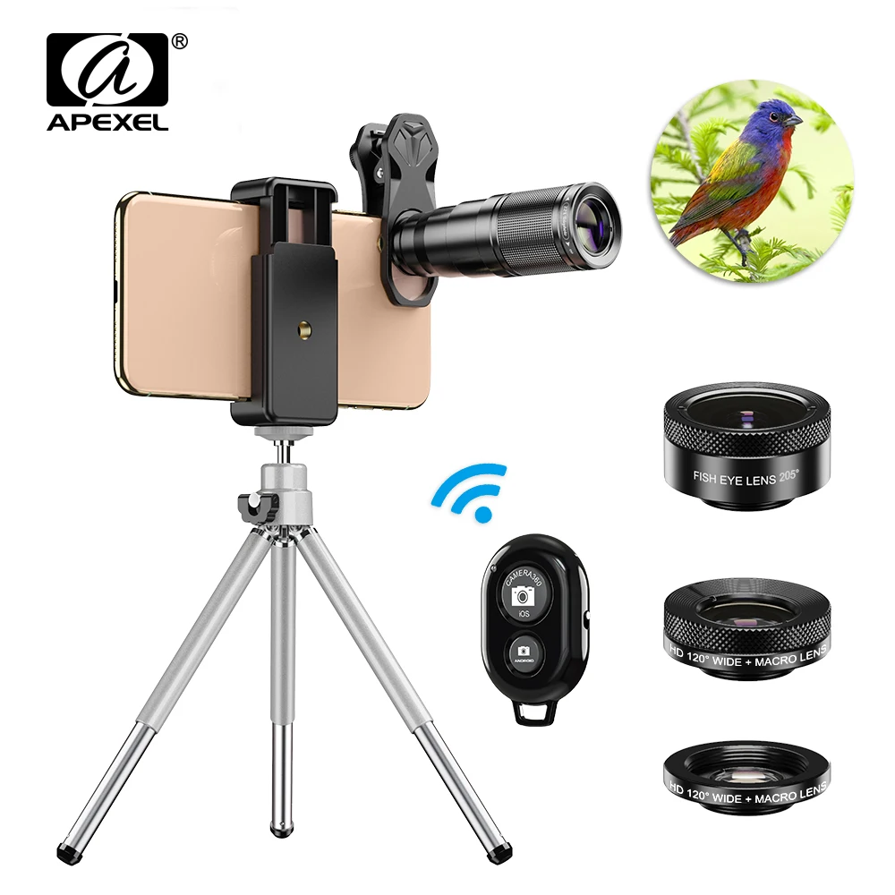 

APEXEL Optic HD Phone Camera Lens Kit 4in1 Telephoto Zoom Monocular Telescope 22X Lens + Macro Wide Fisheye With Remote Tripod