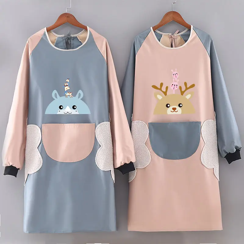 Apron Household Kitchen Waterproof and Oil-Proof Work Clothes New Korean Style Long Sleeve Cooking Smock for Adults and Women