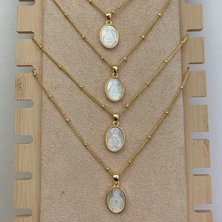 Classic Holy Virgin Mary Choker Necklace For Women Natural MOP Pearl Shell Religious Small Oval Medal Pendant Neck Chain Jewelry