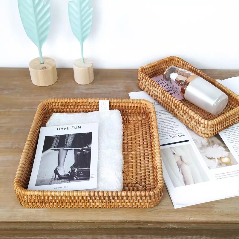 Rattan Storage Box Hand-Woven Rattan Storage Tray Wicker Basket Fruit Tea Organizer Kitchen Supplies Household Tools