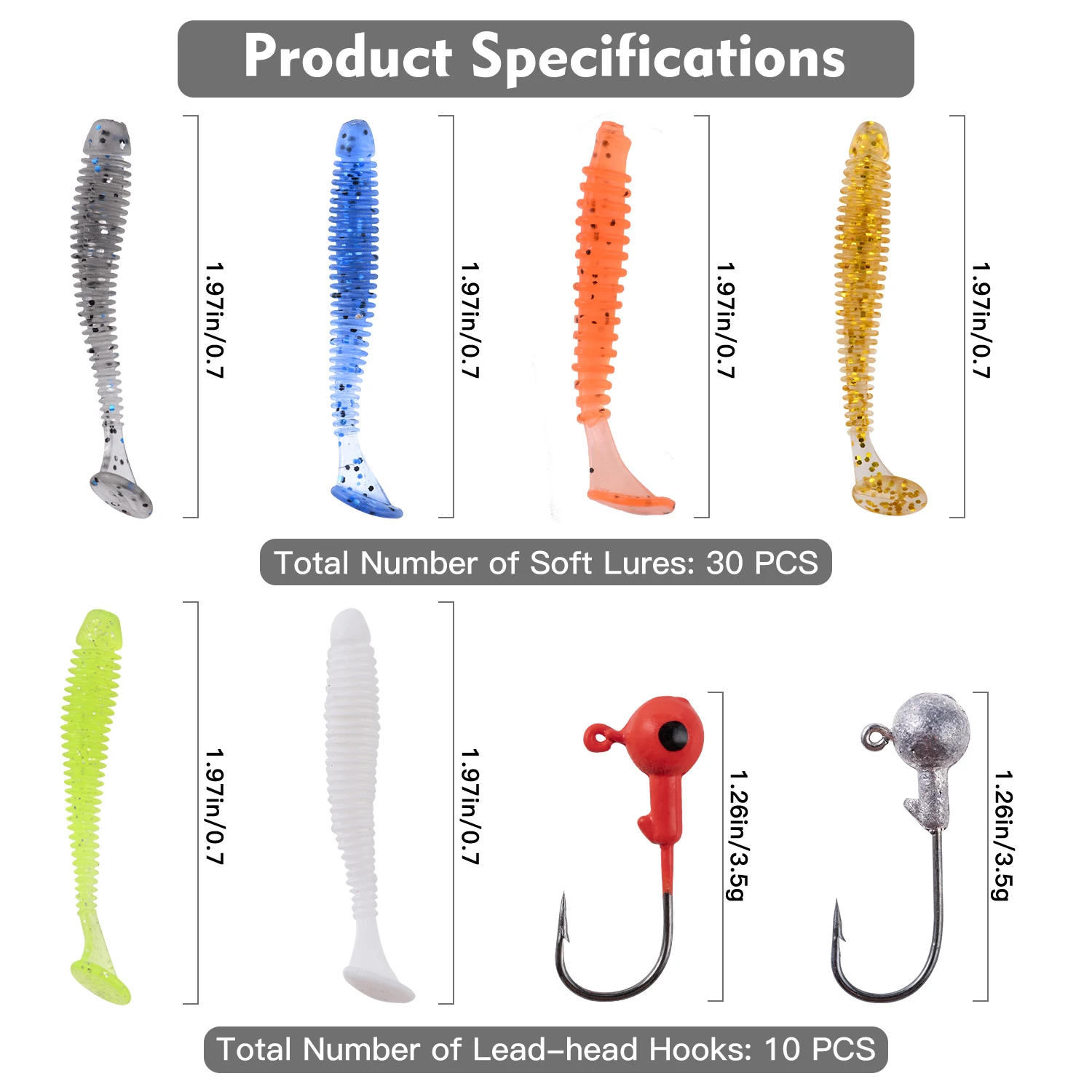 Goture 40pcs Lead Jig Head Hook Fishing Lure Set Soft bait 5cm 0.7g With Hook Artificial Rubber Baits Bass for Carp Pike Zander