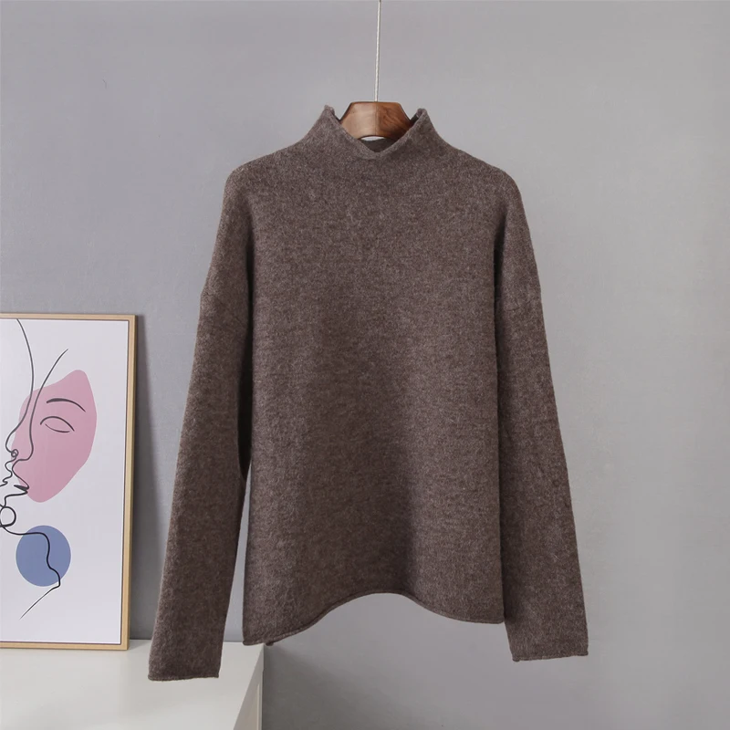 Hirsionsan Warm Cashmere Sweater Women 2023 New Soft Crimped Neckline Loose Pullovers Korean Coffe Khaki Knitted Female Tops