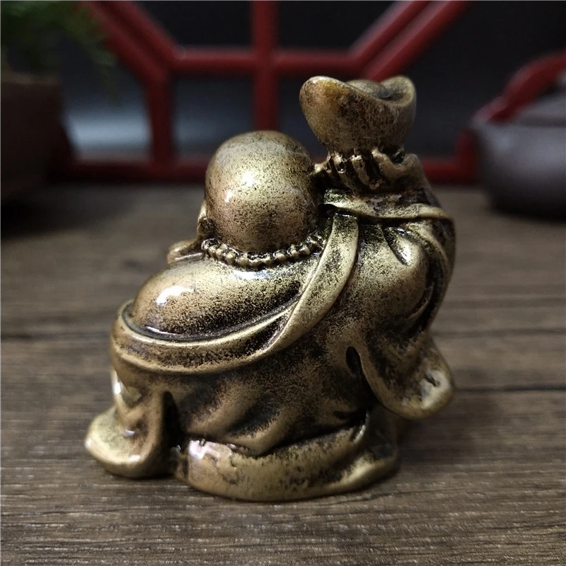 Cor de bronze dinheiro rindo buda estátua ornamentos resina feng shui chinês maitreya buda escultura estatuetas decoração para casa