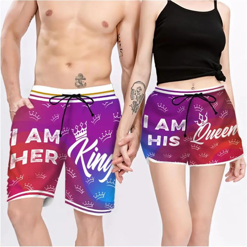 

Couple Matching - King & Queen 3D Printed Shorts Unisex Elastic Waist Shorts Summer Quick Dry Beach Harajuku Casual Cool Shorts