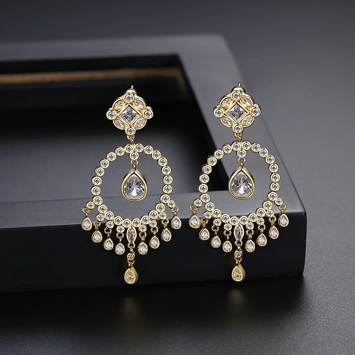 FXLRY Gorgeous Cubic Zircon Earings Fashion Jewelry Long Pendant Tassel Earring for women Bridal Wedding Jewelry