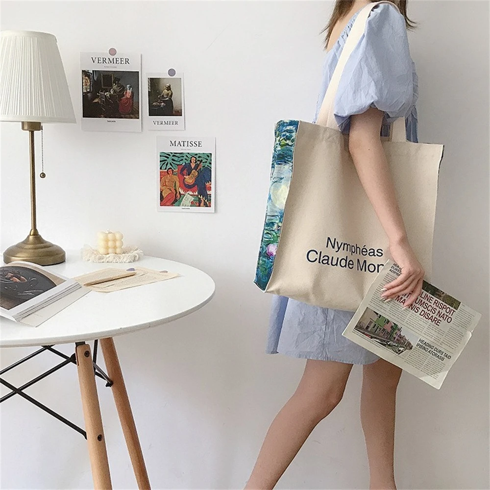 Oil Painting Canvas Shopping Bag Shoulder Bags for Women Leisure Handbag Lunch Eco Bag Large Capacity Student School Tote Bag