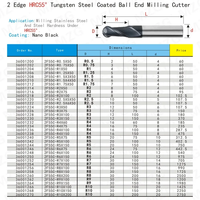 MZG 2 Flute HRC58 Ball Nose End Mill R0.5 6mm 8mm 10mm 12mm High Hardness Tungsten Carbide Cutter CNC Router Bit Milling Tool