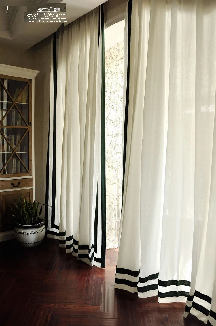 100% Cotton Linen White Curtains with Black Trim French Classic Window Drapes for Living Room Bedroom Retro Style Strip Cortinas