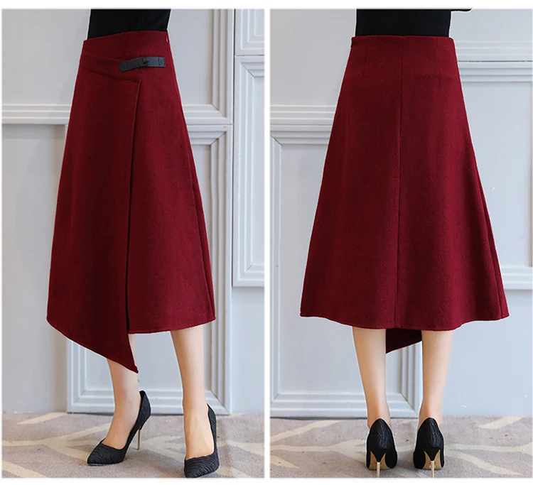 

Spring Winter Fahsion Women Woolen Irregular Lady High Waisted Skirts Saia Midi Faldas Mujer Wine Red Khaki Black S~XXL