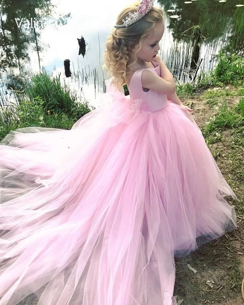 Pink Flowers Girls Dresses Tulle Pageant Gowns for Wedding Junior Bridesmaids First Communion Dress