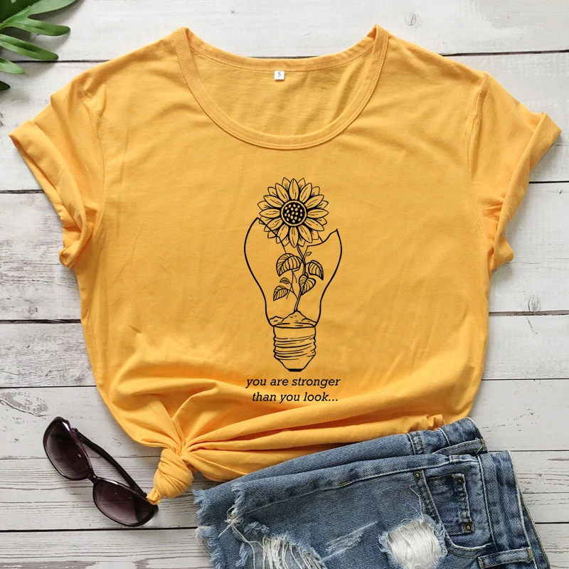 You're Stronger Than You Look T-shirt Aesthetic Sunflower Rooted In The Light Bulb Tshirt Vintage Women Inspirational Top Tee