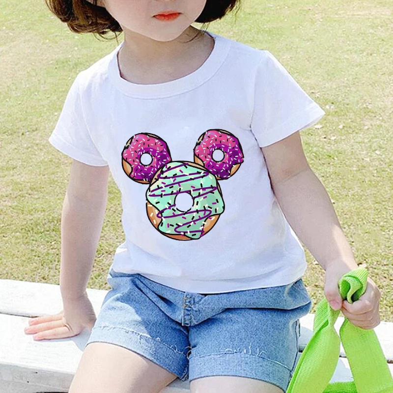 Funny Donuts Print Girls Tshirt Harajuku Kawaii Fashion Girl Tops Cartoon Casual Girl T Shirts Children Round Neck Short Sleeve