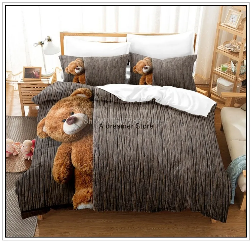 Cartoon Bears Bedding Set Cute Comforter Duvet Covers And Pillowcases 220x240 Size Simple Bed Linen For Kids Lover Bed Set