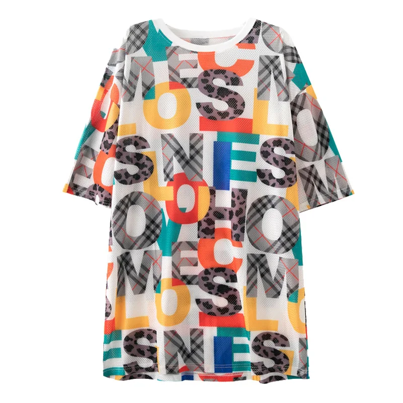 Summer T-Shirt Dress Female Fashion Short-Sleeved Mesh Ice Silk Loose Dresses Lady Digital Printing Half-Sleeve Tops Clothes