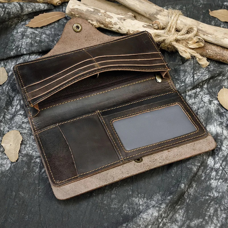 Men\'s Crazy Horse Leather Long Wallet Brown Real leather Trifold clutch snap purse Hasp purse with Phone pocket and coin pocket