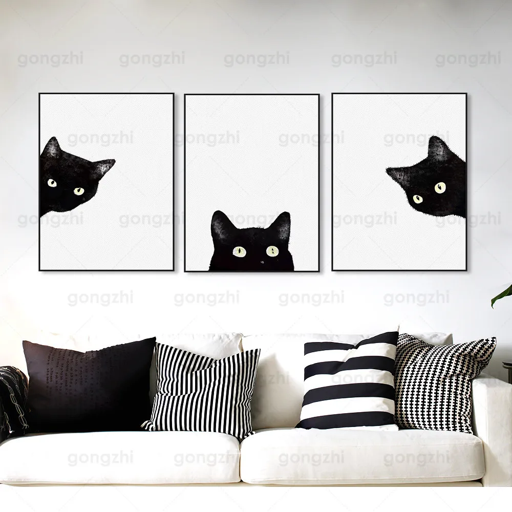 

Customized Hot Selling Modern Minimalist Style Abstract Cute Black Cat Head Home Frameless Canvas Printing Decorative Poster