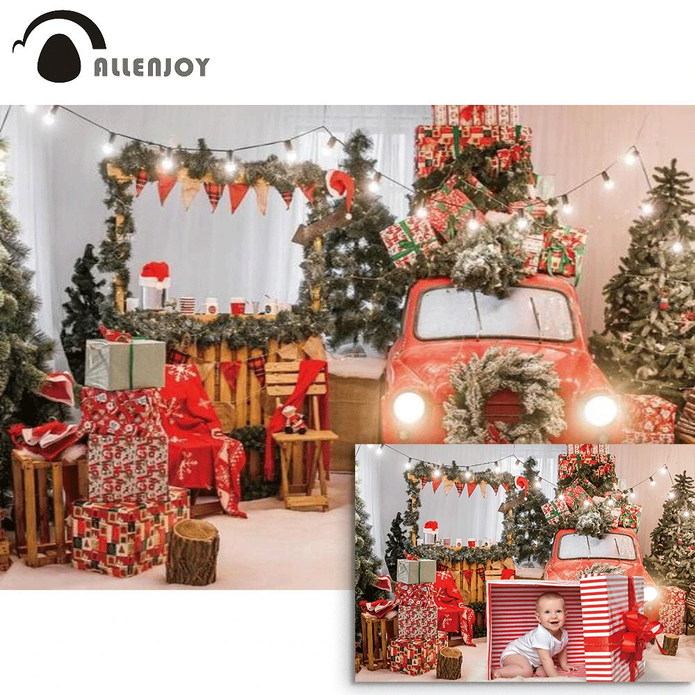 

Allenjoy Christmas Party Backdrop Xmas Winter New Year Red Truck Car Tree Wreath Presents Lights Background Photozone Photobooth