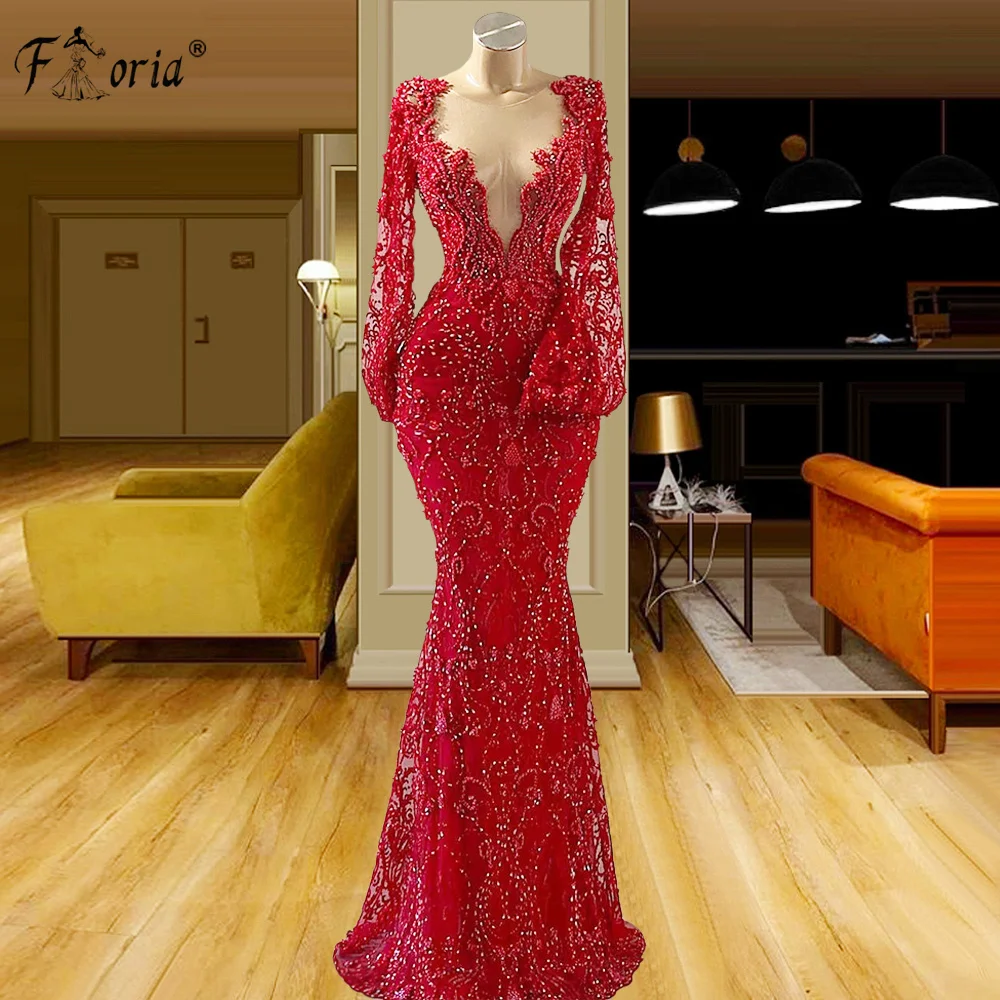 Modest Red Lace Mermaid Evening Formal Dresses 2022 Long Sleeve Appliques Beaded Prom Gowns For African Woman Formal Party Dress