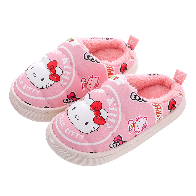 Hello Kitty Children\'s New Leather Waterproof Cotton Slippers For Girls And Boys Home Non-slip And Warm Cute Cartoon Plush Shoes