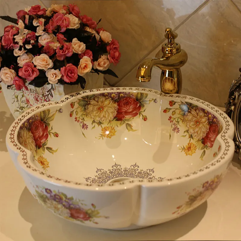 

Flower shape Porcelain China Classic Art peony bathroom sinks ceramic countertop hand painted ceramic wash basin