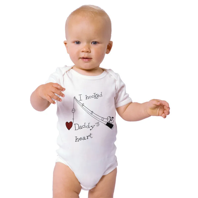 New Infant Baby Boy Clothes Girl Babygrows Playsuit Romper I Hooked Daddys Heart Newborn Naby Clothes Unisex Baby Rompers