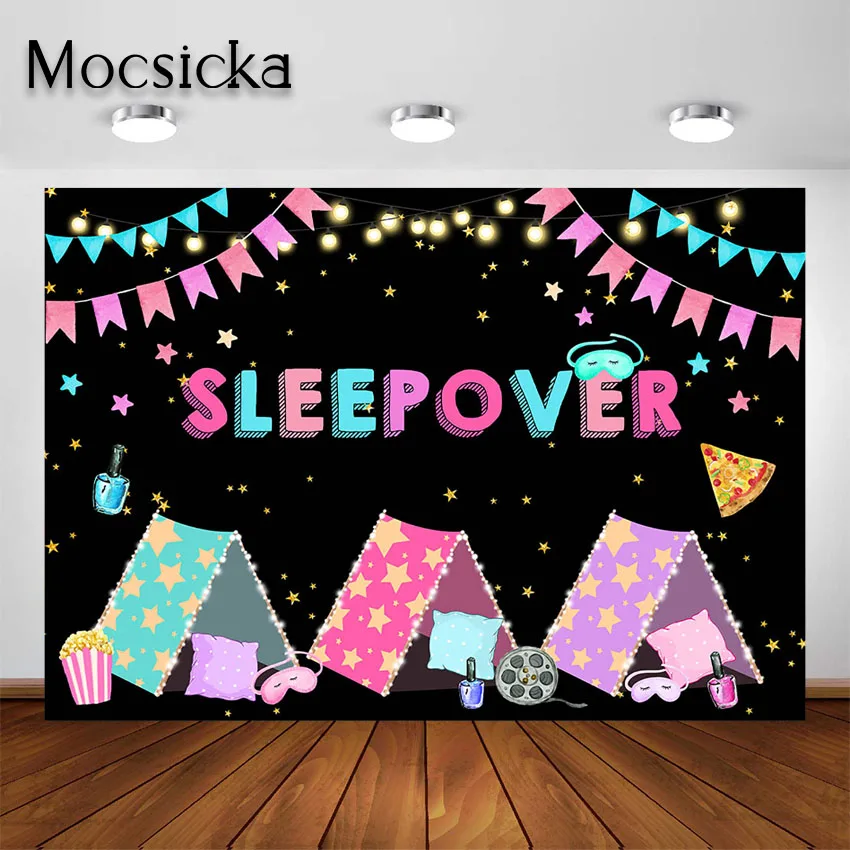 Mocsicka Sleepover Backdrop Girls Slumber Birthday Party Pajama Sleepover Pillow Fight Partie Decoration Photoshoot Background