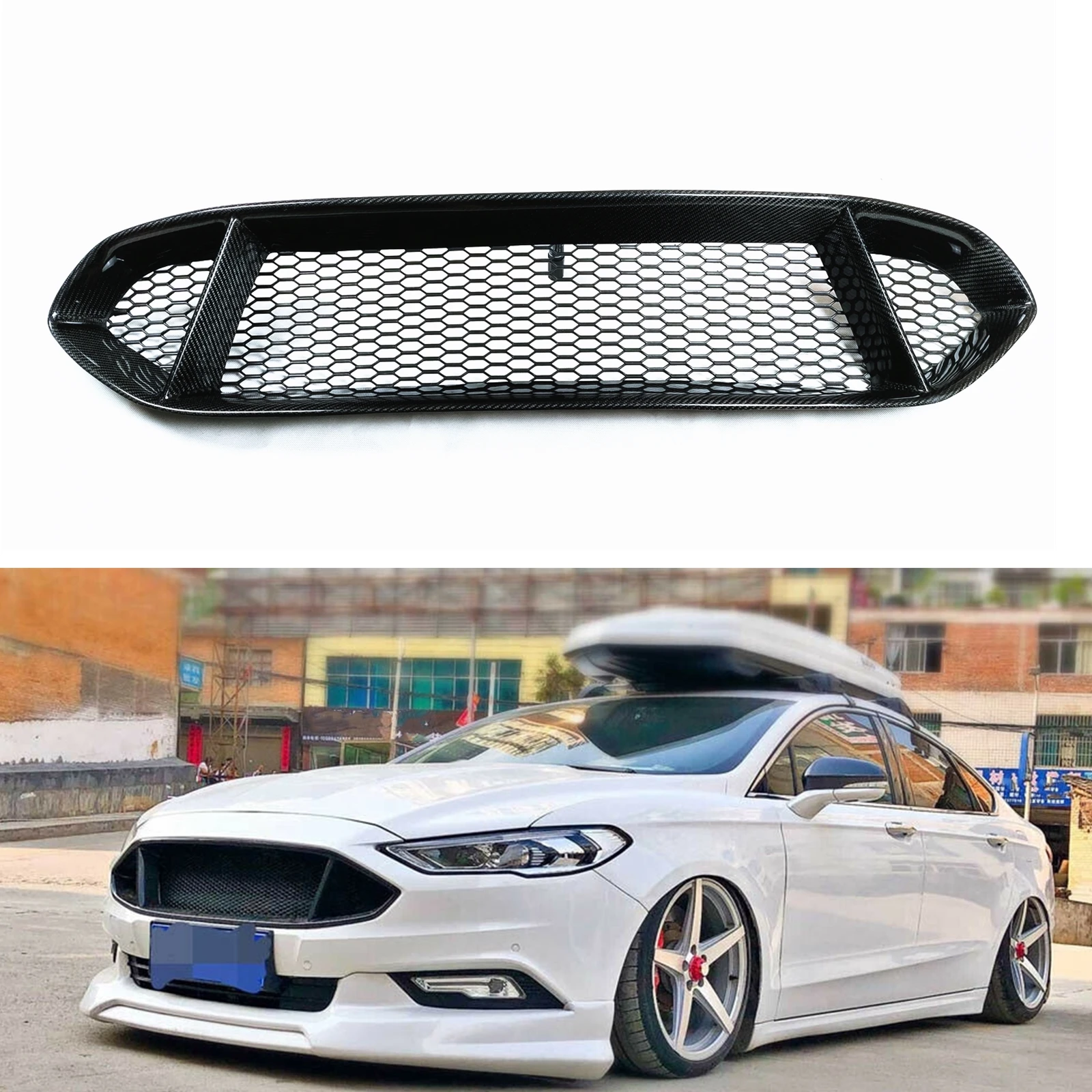 

For Ford Mondeo Fusion 2017.7-2018 Honeycomb Style Front Grille Grill Real Carbon Fiber Car Upper Bumper Intake Hood Mesh Grid