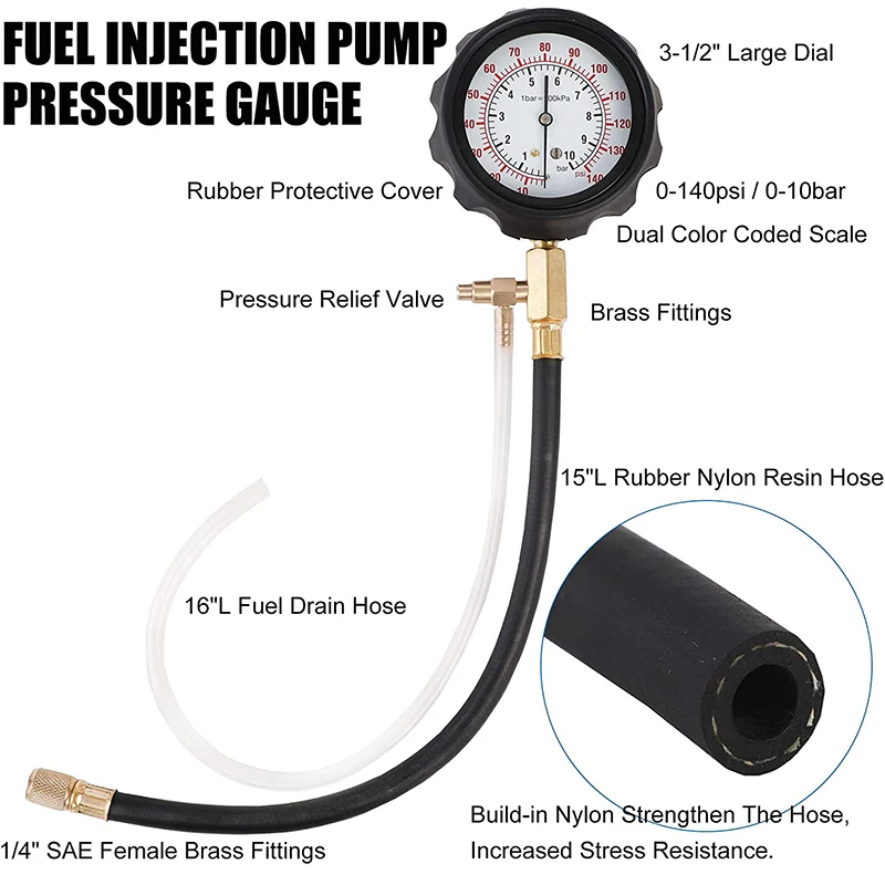 0-140PSI Fuel Injection Pump Pressure Tester Gauge Diagnostic Tools Kit,Engine Gasoline Tester Tool Set For Most of Cars(TU-114)