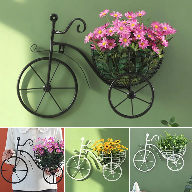 Metal Bicycle Flower Basket Wall Art Wall Mount Hanging Flawer Rack Unique Art Ornaments Classic Retro Style for Home Decor